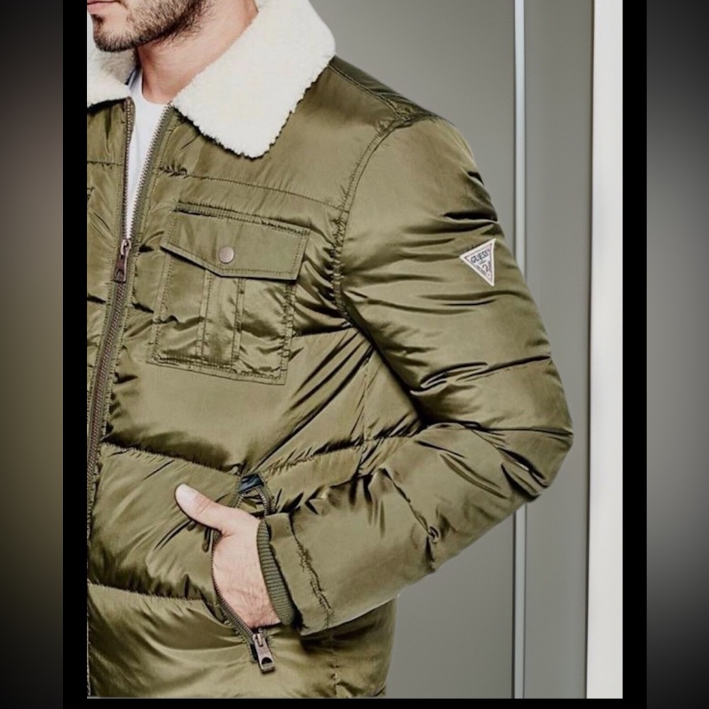 Guess Men's Quilted Sherpa Collar Trucker Winter Jacket Gold Hardware Zip Pocket